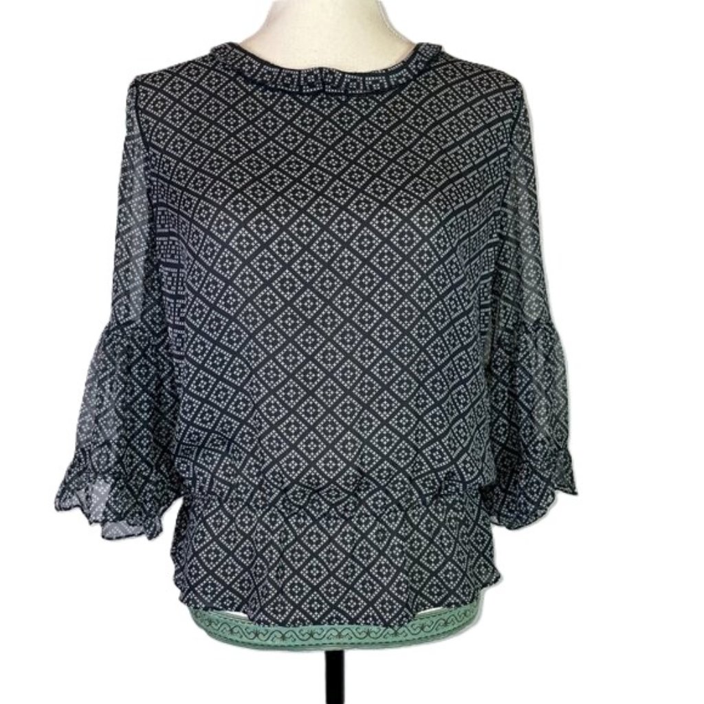 Kobi Halperin Silk Diamond Print Sheer Blouse Bell Sleeves Size M